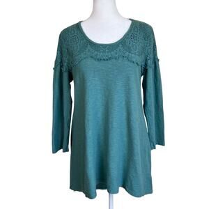 Cut Loose Sz M Boho Crochet Details Linen Blend Tunic Top Hi-Low A-line Teal